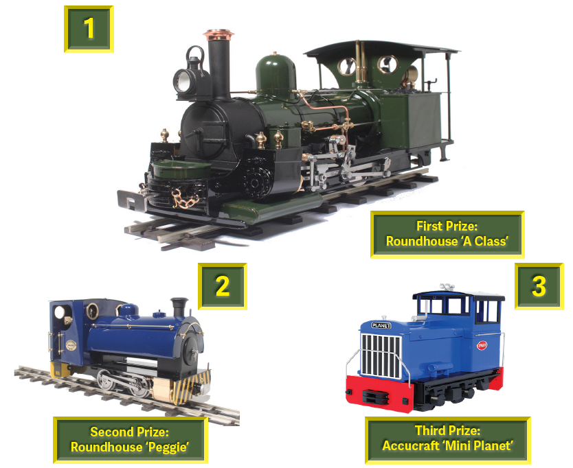 First Prize:
Roundhouse ‘A Class’. Second Prize:
Roundhouse ‘Peggie’. Third Prize:
Accucraft ‘Mini Planet’